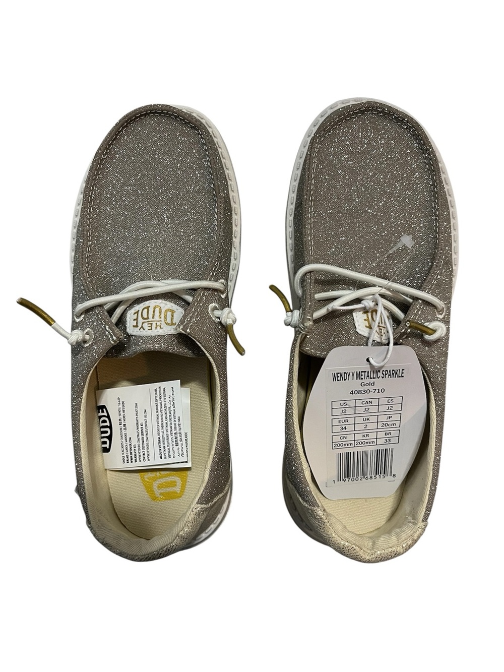 HEYDUDE Wendy Metallic Sparkle Girls J2 Gold Glitter NEW WITH TAG